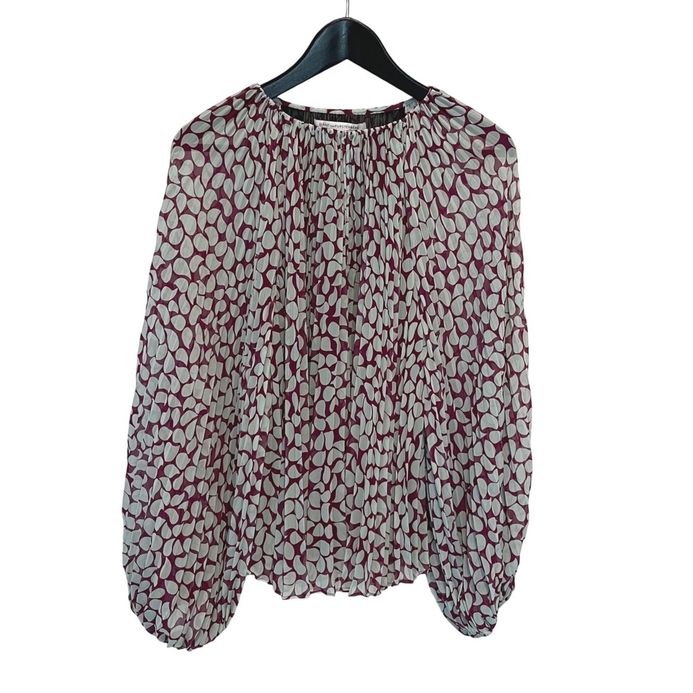 Diane von Furstenberg Pleated Blouse Womens 10 Burgundy Mint Geometric Balloon